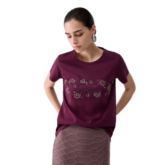 T-shirt Donna con ricami floreali Bordeaux modella frontale