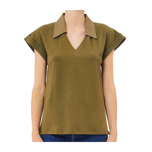 T-shirt Donna con ricamo e colletto a polo Verde modella frontale