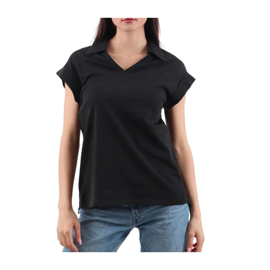 T-shirt Donna con ricamo e colletto a polo Nero modella frontale