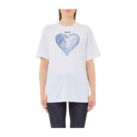 T-shirt Donna bianca, con stampa a cuore blu e maniche corte