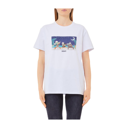 T-shirt Bianca da Donna con stampa e strass modella frontale