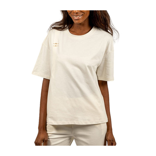 T-shirt Donna over bianca con applicazione modella frontale