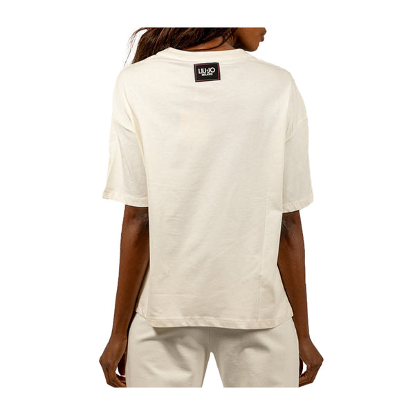 T-shirt Donna over bianca con applicazione modella retro