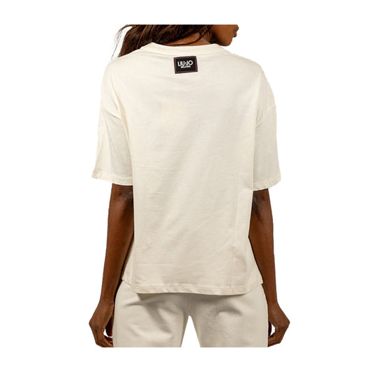T-shirt Donna over bianca con applicazione modella retro