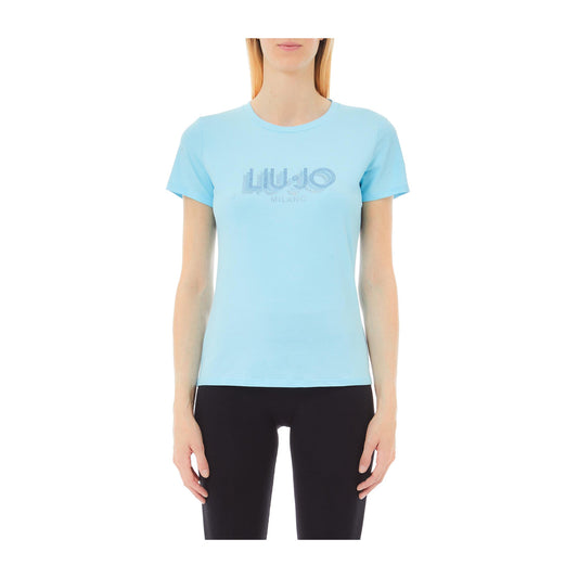 T-shirt Donna slim con logo strass Azzurro modella frontale
