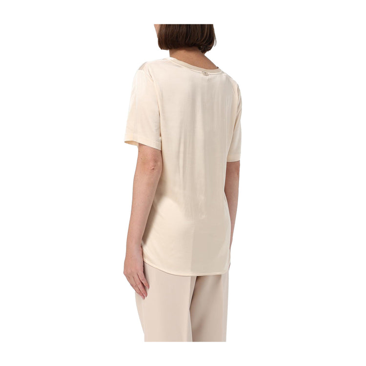 Blusa Donna a girocollo in viscosa Beige modella retro