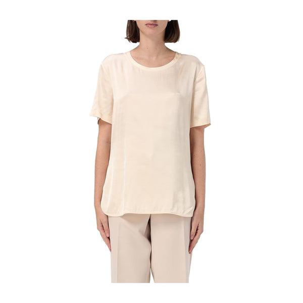 Blusa Donna a girocollo in viscosa Beige modella frontale