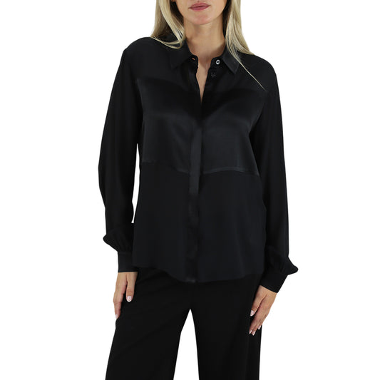 Camicia Donna in crêpe de chine Nero modella frontale