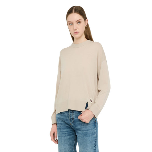 Maglia Donna con patch logata Beige modella frontale