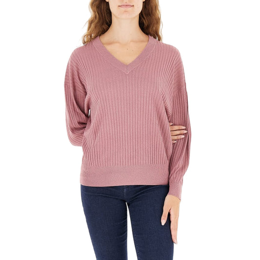 Maglia Donna a coste con scollo a V Rosa modella frontale