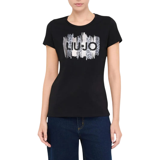 T-shirt Donna in nero con stampa e logo modella frontale