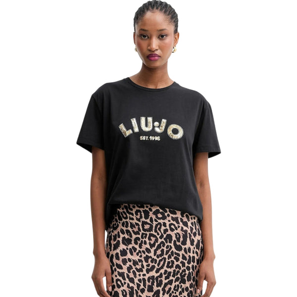 T-shirt Donna con logo con paillettes modella frontale