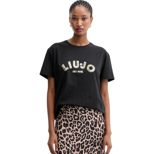 T-shirt Donna con logo con paillettes modella frontale