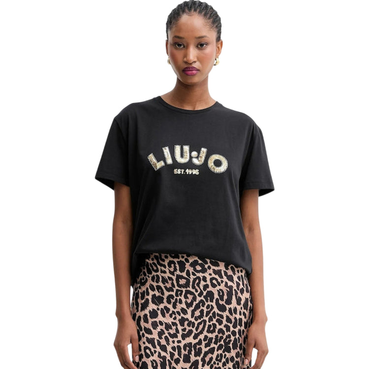 T-shirt Donna con logo con paillettes modella frontale